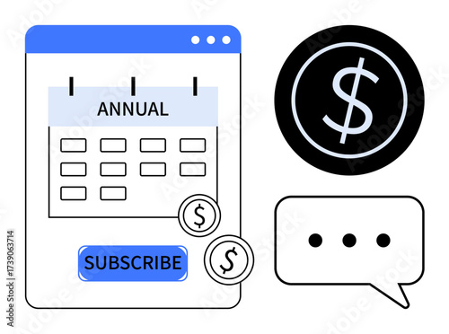Calendar marked Annual, subscribe button, coins, dollar icon, and speech bubble. Ideal for finance, subscriptions, budgeting, payment services e-commerce business planning simple flat metaphor