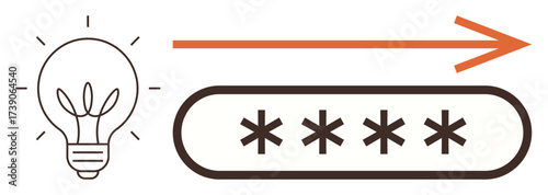 Light bulb symbolizing idea, an orange arrow for direction or progress, and password field for security. Ideal for innovation, security, creativity, strategy, progress encryption simplicity. Simple