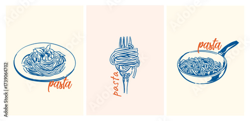 Hand drawn pasta retro vector illustration, Whimsical Mediterranean spaghetti, La Dolce Vita coast doodle food sketch art for menu, greeting cards, poster, sticker, invitation, postcard
