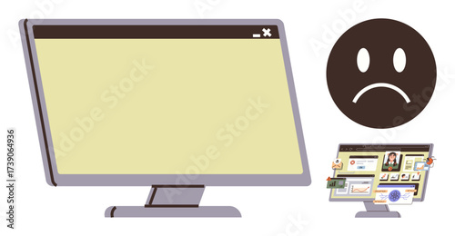 Desktop monitor with blank screen paired with a sad face icon. Ideal for technology, failure, error, troubleshooting, IT support, system crash, and digital problems. Simple flat metaphor