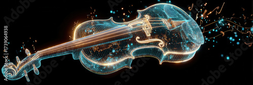 Stunning digital representation of a glowing violin with musical notes floating in a dark space