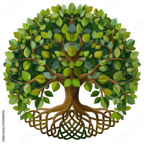 Intricate and symmetrical green tree of life with detailed roots and branches forming a circular pattern isolated on transparent background