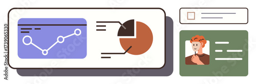 Analytics dashboard featuring progress line graph and pie chart, alongside user identification card. Ideal for data management, performance tracking, business reports, dashboard design, team