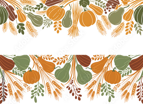An autumnal border design featuring pumpkins, pears, and wheat stalks Isolated cutout on a transparent background