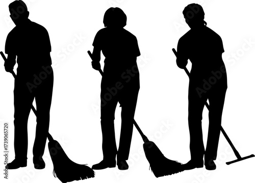 silhouette of a three mans with broom