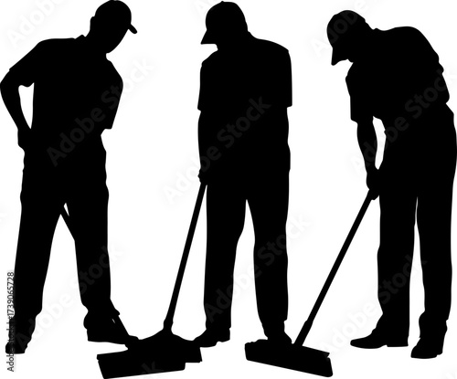 silhouette of a three mans with broom