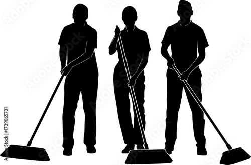 silhouette of a three mans with broom