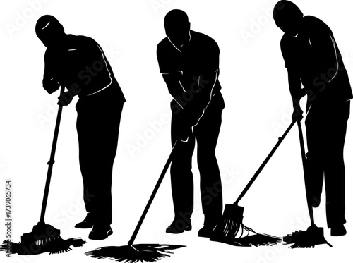 silhouette of a three mans with broom