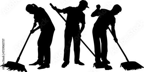 silhouette of a three mans with broom