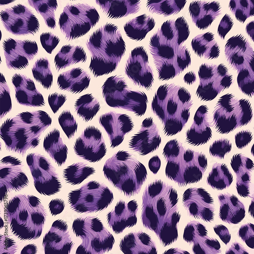 Vector illustration of purple leopard skin texture, exotic animal fur pattern stylish background for trendy textile designs, wallpapers, and creative fashion projects.