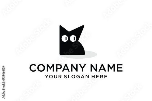 Minimalist Black Cat Head Logo Design with White Eyes and Letter K Shape Vector Illustration