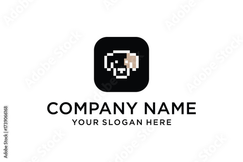 Pixel Art Dog Head Logo Template on Black Square for Pet Business and Digital Branding
