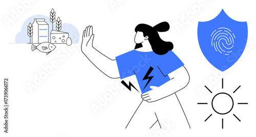 Woman rejecting allergens thumbs up dairy, fish, and grains while prioritizing health, represented by a shield, fingerprint, and sun. Ideal for health, safety, nutrition allergies well-being