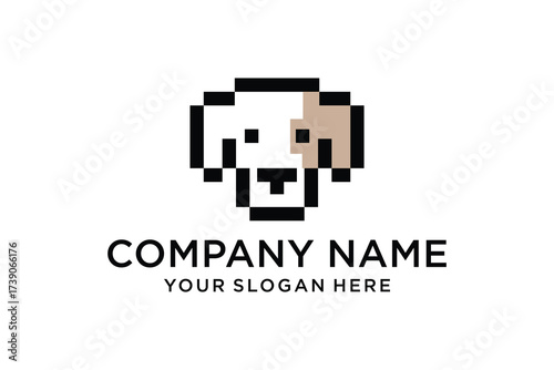 Pixel Art Dog Head Logo. Cute White and Brown Puppy Face Vector in Minimalist 8-bit Style. Digital Pet Mascot Illustration.