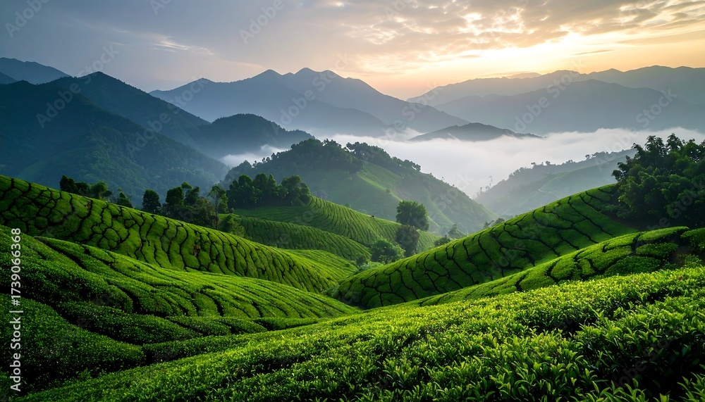Fototapeta premium Green mountain tea terraces at sunrise