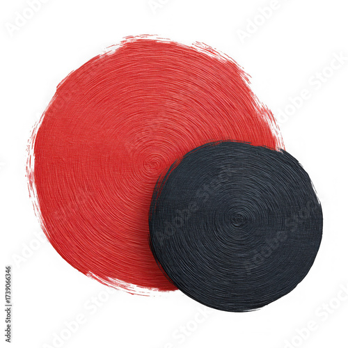 Two textured circular abstract shapes a large vibrant red and a smaller dark charcoal gray isolated on transparent background