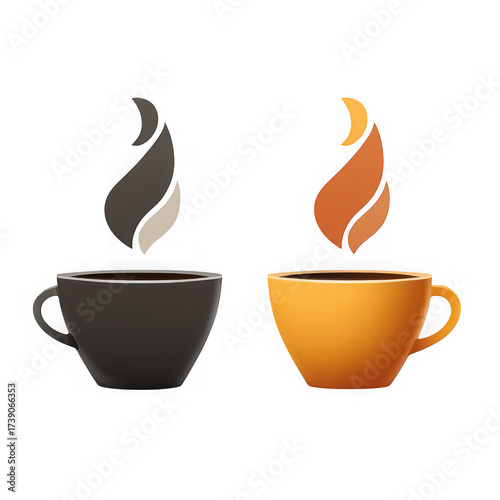 Two contrasting steaming coffee cups one dark brown and one bright orange with stylized flames rising from each isolated on transparent background