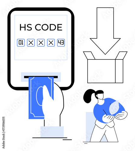 HS code input, payment handling with hand holding banknote, delivery box, recipient holding item. Ideal for logistics, trade, e-commerce, shipping payment taxation international business. Simple