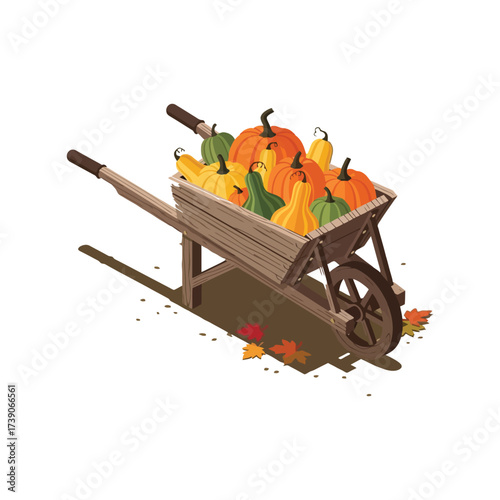 Wooden wheelbarrow filled with colorful pumpkins and gourds.