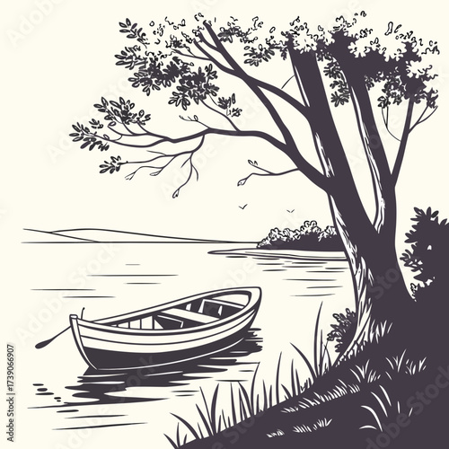 Vector art of a serene sketch of a rowboat moored by a tree on the tranquil lake, capturing the peacefulness of nature with its detailed lines and calm water reflections