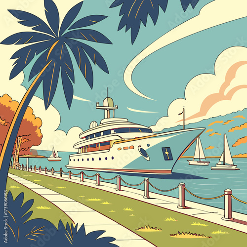 Vector art of a vibrant illustration showcases a luxurious yacht docked along a picturesque waterfront promenade, framed by lush palm trees and sailboats gliding on the turquoise sea under a sunny sky