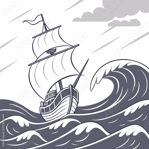 Vector art of a monochrome vector illustration of a sailing ship braving a stormy sea with large waves and dark clouds, showcasing maritime adventure and resilience in a minimalist style