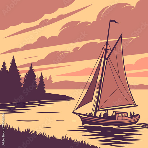 Vector art of a picturesque vector illustration of a sailboat gliding on a tranquil lake at sunset, framed by silhouetted trees and soft pastel skies, evoking serenity