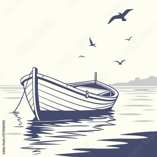 Vector art of a serene wooden rowboat gently floats on calm waters, with seagulls soaring above, creating a peaceful scene of tranquility and connection with nature