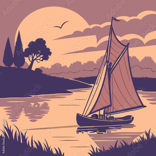 Vector art of a captivating illustration of a sailboat sailing into the sunset on a calm river, with silhouetted trees and a majestic sun creating a picturesque and romantic scene