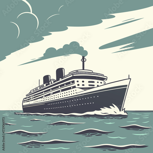 Vector art of a majestic cruise ship sails on the open sea, its sleek design cutting through the waves under a sky filled with fluffy clouds, evoking a sense of adventure and luxurious travel