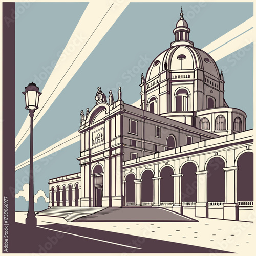 Vector art of an architectural illustration showcases a grand building with a dome and arches under a bright sky, capturing the beauty and grandeur of classic architecture