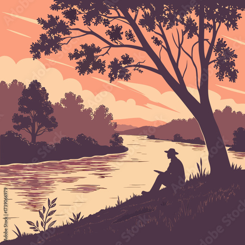 Vector art of a contemplative scene depicts a person sitting by a river under a tree at sunset, with warm colors and a peaceful atmosphere, inviting reflection and appreciation of nature