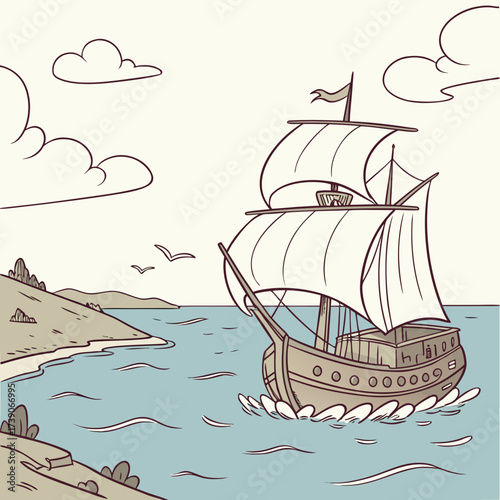 Vector art of a vintage sailing ship navigates the open sea, its sails billowing in the wind, with a picturesque coastline and fluffy clouds adding to the serene beauty of the maritime scene