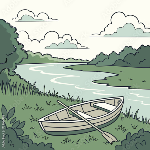 Vector art of a charming illustration of a rowboat resting on the grassy bank of a tranquil river, surrounded by lush trees and gentle clouds, creating a peaceful scene of natures beauty