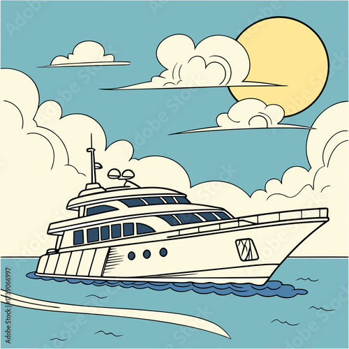 Vector art of a sleek yacht glides across the water under the warm sun and fluffy clouds, creating a picturesque scene of leisure and luxury on the open sea