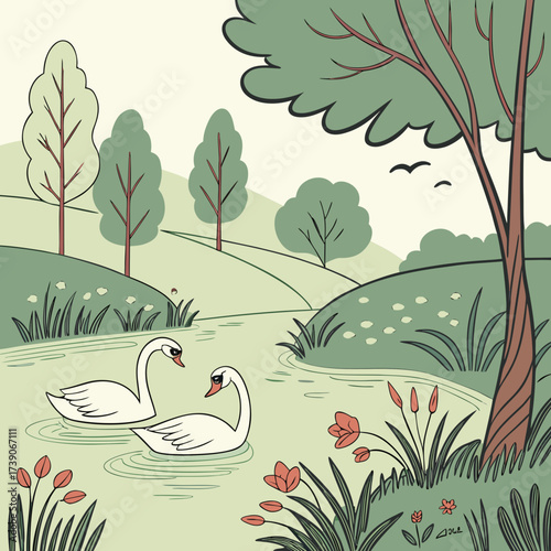 Vector art of a serene illustration of swans gracefully gliding on a tranquil lake surrounded by lush greenery, trees, and blooming flowers, capturing the beauty and harmony of nature