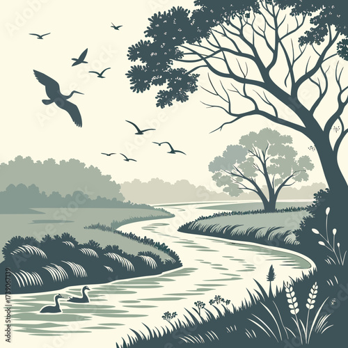 Vector art of a serene vector landscape unfolds with a winding river, graceful swans, and soaring birds, capturing the tranquility of nature in a harmonious and picturesque composition