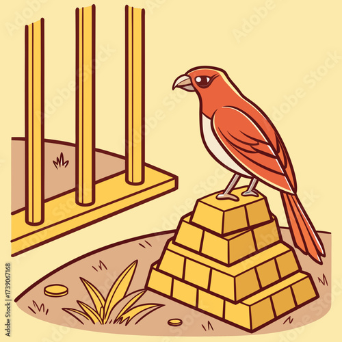 Vector art of a charming illustration shows a bird perched atop a pyramid of gold bars near a cage, creating a scene of wealth and captivity with warm colors and simple shapes