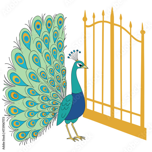 Vector art of a cartoon peacock with a beautiful tail stands near the golden gate, the peacock is looking to the right side, with its tail fully displayed