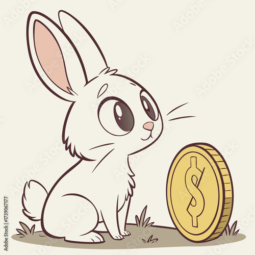 Vector art of a cute cartoon rabbit sits next to a gold coin with a dollar symbol, the rabbit is looking to the right side with a happy expression