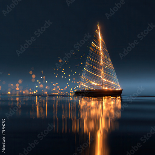 Sailing boat glows with magical lights on calm waters during twilight