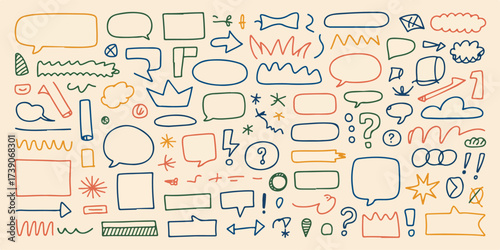 A collection of colorful hand-drawn doodles and decorative elements arranged on a cream-colored background.