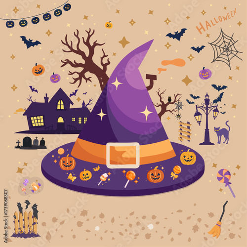 Halloween Vector Set with Witch Hat, Pumpkins and Spooky Elements