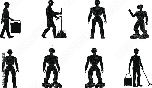 Human and robot silhouettes, automation illustration, robotics in labor artwork, future of work