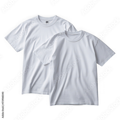 Two plain white short sleeved t shirts with crew necks displayed together isolated on transparent background