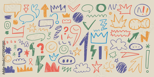 A collection of colorful hand-drawn doodles and decorative elements arranged on a cream-colored background.