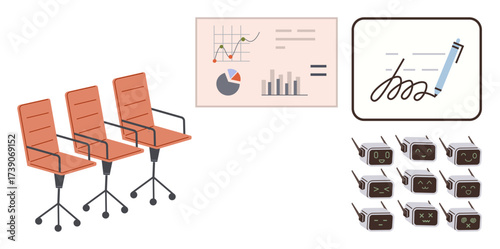 Orange office chairs, data analytics charts, digital pen and wireless communication devices. Ideal for teamwork, office tools, meeting, workflow, analytics, collaboration simple flat metaphor