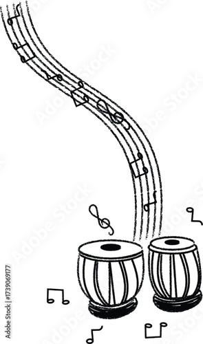 Traditional Tabla Drums with Flowing Musical Notes Vector Illustration.