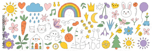 A colorful hand-drawn doodle pattern on a white background featuring various cute and whimsical elements. 