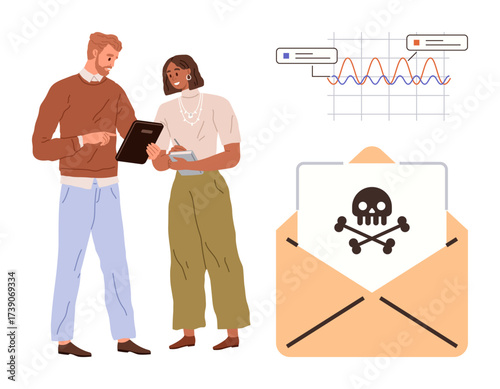Two colleagues converse while analyzing data on a tablet and evaluating a dangerous virus alert from an email threat. Ideal for cybersecurity, teamwork, communication, analysis, warnings, risk